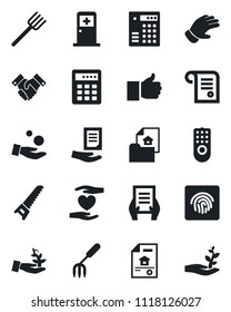 Set of vector isolated black icon - medical room vector, document, garden fork, farm, glove, saw, heart hand, finger up, fingerprint id, handshake, estate, remote control, combination lock, contract