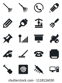 Set of vector isolated black icon - ladder car vector, presentation board, drawing pin, job, pencil, garden fork, rake, well, satellite, hdmi, fingerprint id, cellular signal, phone, rolling, pc