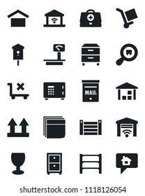 Set of vector isolated black icon - safe vector, bird house, doctor case, container, fragile, cargo, warehouse storage, up side sign, no trolley, heavy scales, search, rack, blank box, archive