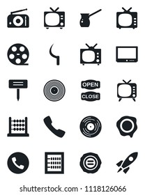 Set of vector isolated black icon - phone vector, tv, stamp, sickle, plant label, reel, vinyl, radio, call, abacus, open close, turkish coffee, rocket