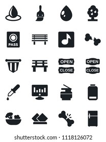 Set of vector isolated black icon - passport vector, pennant, statistic monitor, water drop, bench, dropper, broken bone, low battery, themes, music, copier, fruit tree, salad, open close, serviette