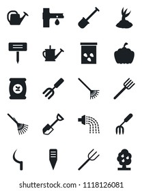 Set of vector isolated black icon - garden fork vector, shovel, farm, rake, watering can, sproute, sickle, plant label, pumpkin, seeds, fertilizer, drip irrigation, fruit tree
