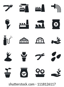 Set of vector isolated black icon - factory vector, flower in pot, seedling, watering, sproute, pruner, greenhouse, seeds, garden sprayer, fertilizer, tulip, palm