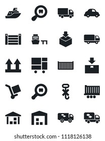 Set of vector isolated black icon - sea shipping vector, truck trailer, cargo container, car delivery, port, consolidated, up side sign, no hook, warehouse, package, search, moving