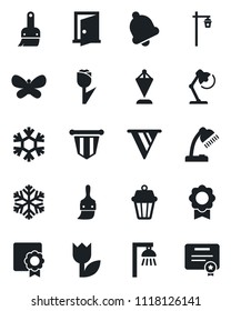 Set of vector isolated black icon - pennant vector, butterfly, garden light, tulip, themes, bell, sertificate, desk lamp, snowflake, outdoor, door, pennon, certificate