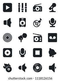 Set of vector isolated black icon - vinyl vector, flame disk, microphone, radio, speaker, settings, play button, stop, rec, bell, record, music, sound