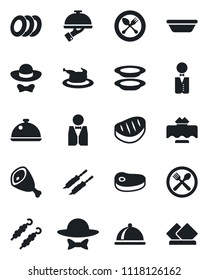 Set of vector isolated black icon - spoon and fork vector, waiter, dish, restaurant table, cafe, plates, dress code, chicken, steak, kebab, ham, bowl, serviette