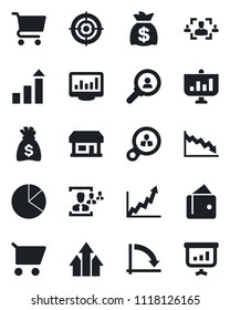 Set of vector isolated black icon - growth statistic vector, money bag, crisis graph, store, monitor statistics, pie, hr, target, consumer search, arrow up, wallet, cart, presentation