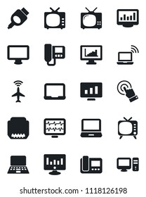 Set of vector isolated black icon - plane radar vector, wireless notebook, pc, statistic monitor, pulse, tv, touch screen, laptop, hdmi, statistics, intercome