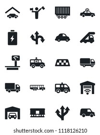 Set of vector isolated black icon - dispatcher vector, taxi, airport bus, alarm car, ladder, ambulance, route, truck trailer, delivery, heavy scales, railroad, garage, gate control, battery