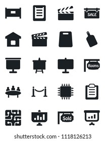 Set of vector isolated black icon - fence vector, presentation board, meeting, clipboard, clapboard, sale, rooms, sold signboard, smart home, cutting, chip