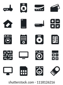 Set of vector isolated black icon - washer vector, calculator, monitor, speaker, phone back, sim, smart home, credit card, chip, remote control, router, usb flash