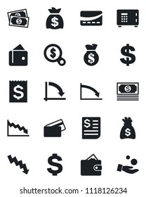 Set of vector isolated black icon - safe vector, dollar sign, money bag, crisis graph, cash, receipt, credit card, wallet, search, investment