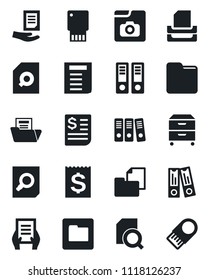Set of vector isolated black icon - office binder vector, document search, receipt, folder, photo gallery, paper, tray, archive box, usb flash