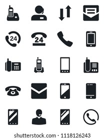 Set of vector isolated black icon - mobile phone vector, office, 24 hours, cell, radio, call, mail, data exchange, support
