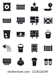 Set of vector isolated black icon - trash bin vector, bucket, watering, truck trailer, cargo container, consolidated, package, oil barrel, heavy scales, railroad, archive box, water filter