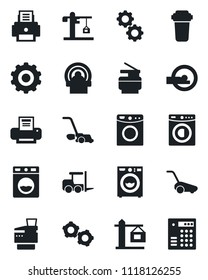 Set of vector isolated black icon - fork loader vector, gear, lawn mower, tomography, printer, copier, washer, crane, water filter, combination lock