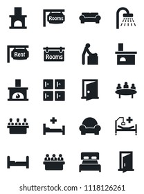 Set of vector isolated black icon - baby room vector, shower, checkroom, meeting, fireplace, hospital bed, rent, rooms, bedroom, cushioned furniture, door