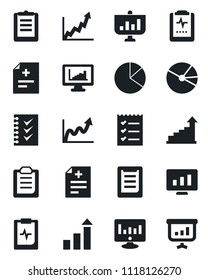 Set of vector isolated black icon - growth statistic vector, monitor, diagnosis, pulse clipboard, statistics, pie graph, checklist, presentation