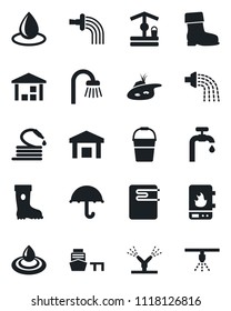 Set of vector isolated black icon - bucket vector, watering, boot, water drop, well, hose, sea port, umbrella, warehouse, pond, supply, bathroom, irrigation, heater, sprinkler
