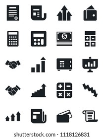 Set of vector isolated black icon - safe vector, handshake, growth statistic, calculator, crisis graph, news, contract, credit card, arrow up, wallet, cash, presentation