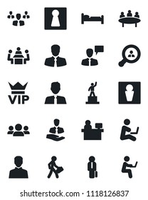 Set of vector isolated black icon - male vector, female, vip, bed, speaking man, pedestal, meeting, manager place, client, user, search, estate agent, group, with notebook