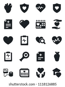 Set of vector isolated black icon - heart vector, pulse, diagnosis, blood pressure, diagnostic, shield, hand, real, medical calendar, clipboard, sweet home