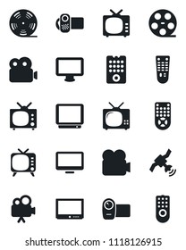 Set of vector isolated black icon - reel vector, satellite, tv, video camera, remote control, monitor