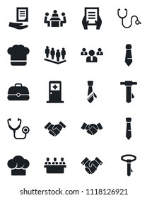Set of vector isolated black icon - medical room vector, handshake, team, tie, document, stethoscope, meeting, cook hat, case