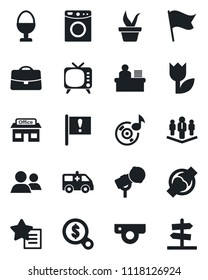 Set of vector isolated black icon - seedling vector, ambulance car, joint, important flag, store, tulip, microphone, tv, group, favorites list, music, case, manager desk, company, egg stand, washer
