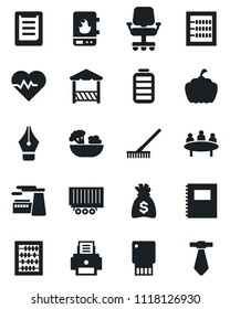 Set of vector isolated black icon - abacus vector, money bag, meeting, factory, rake, pumpkin, heart pulse, truck trailer, clipboard, battery, copybook, ink pen, printer, salad, alcove, water heater