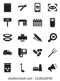 Set of vector isolated black icon - desk vector, notepad, calendar, farm fork, pruner, plant label, seeds, pills, search cargo, factory, restaurant table, drink, plates, ladle, rolling pin, eye scan