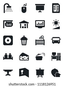 Set of vector isolated black icon - airport bus vector, shower, mouse, desk, presentation board, garden light, warehouse, rec button, sim, brightness, monitor statistics, sold signboard, table