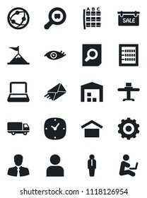 Set of vector isolated black icon - seat map vector, manager, gear, document search, eye, client, car delivery, warehouse storage, cargo, network, user, clock, abacus, notebook pc, sale, motivation