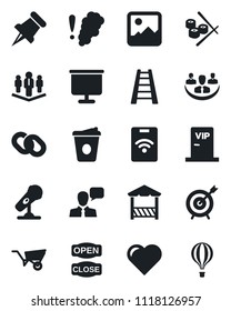 Set of vector isolated black icon - coffee vector, ladder, wheelbarrow, heart, microphone, speaker, chain, paper pin, gallery, company, presentation board, vip zone, open close, alcove, sushi