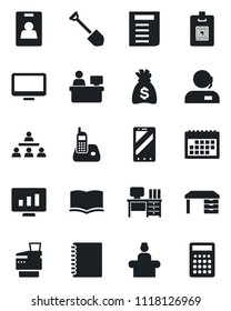 Set of vector isolated black icon - reception vector, mobile phone, book, desk, document, money bag, manager place, job, statistic monitor, radio, calendar, copybook, identity card, support, copier