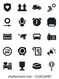 Set of vector isolated black icon - airport bus vector, no laptop, desk, stamp, wheelbarrow, pills, heart shield, office phone, fragile, up side sign, microphone, hdmi, alarm, brightness, rooms, car