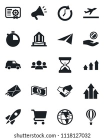 Set of vector isolated black icon - departure vector, stopwatch, group, arrow up graph, rocket, handshake, clock, earth, investment, cart, cash, car, paper plane, certificate, mail, advertising