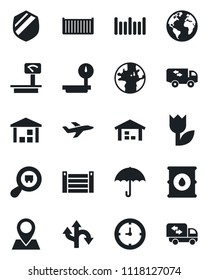 Set of vector isolated black icon - route vector, earth, pin, plane, cargo container, clock, umbrella, tulip, warehouse, shield, oil barrel, heavy scales, search, barcode, moving