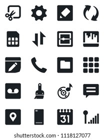 Set of vector isolated black icon - phone back vector, call, menu, message, update, settings, themes, record, scanner, sim, folder, calendar, notes, data exchange, cut, place tag, music
