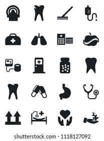 Set of vector isolated black icon - medical room vector, rake, doctor case, stethoscope, blood pressure, dropper, pills, bottle, tomography, hospital bed, heart hand, stomach, lungs, tooth, caries