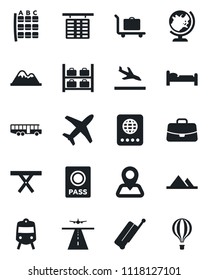 Set of vector isolated black icon - runway vector, suitcase, arrival, baggage trolley, airport bus, train, passport, globe, bed, seat map, flight table, luggage storage, case, picnic, navigation