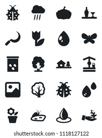 Set of vector isolated black icon - storm cloud vector, flower in pot, tree, butterfly, lady bug, water drop, well, sickle, pumpkin, seeds, tulip, gallery, house with, pond, alcohol, palm sproute