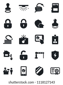 Set of vector isolated black icon - barrier vector, passport control, bomb in case, stamp, lock, identity card, hose, shield, protect, sd, home, app, sprinkler, certificate