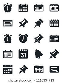 Set of vector isolated black icon - alarm clock vector, drawing pin, calendar, term, paper, bell, schedule