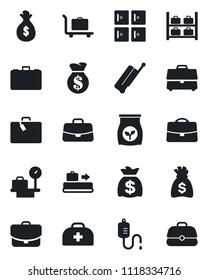 Set of vector isolated black icon - suitcase vector, baggage conveyor, trolley, luggage storage, scales, checkroom, case, money bag, fertilizer, doctor, dropper