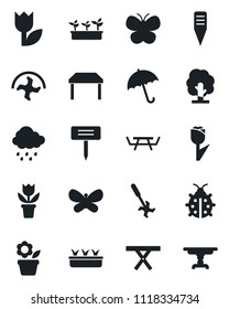 Set of vector isolated black icon - umbrella vector, flower in pot, ripper, tree, butterfly, lady bug, seedling, rain, plant label, picnic table, tulip