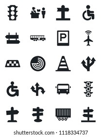 Set of vector isolated black icon - plane radar vector, taxi, airport bus, parking, passport control, signpost, border cone, disabled, route, traffic light, truck trailer, guidepost