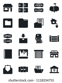 Set of vector isolated black icon - automatic door vector, shop, checkroom, store, container, package, mail, scanner, folder, copybook, document, book, mailbox, open close, home control, jalousie