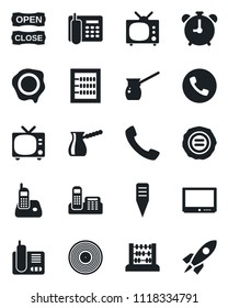 Set of vector isolated black icon - alarm clock vector, phone, tv, abacus, stamp, plant label, vinyl, radio, call, office, open close, turkish coffee, rocket